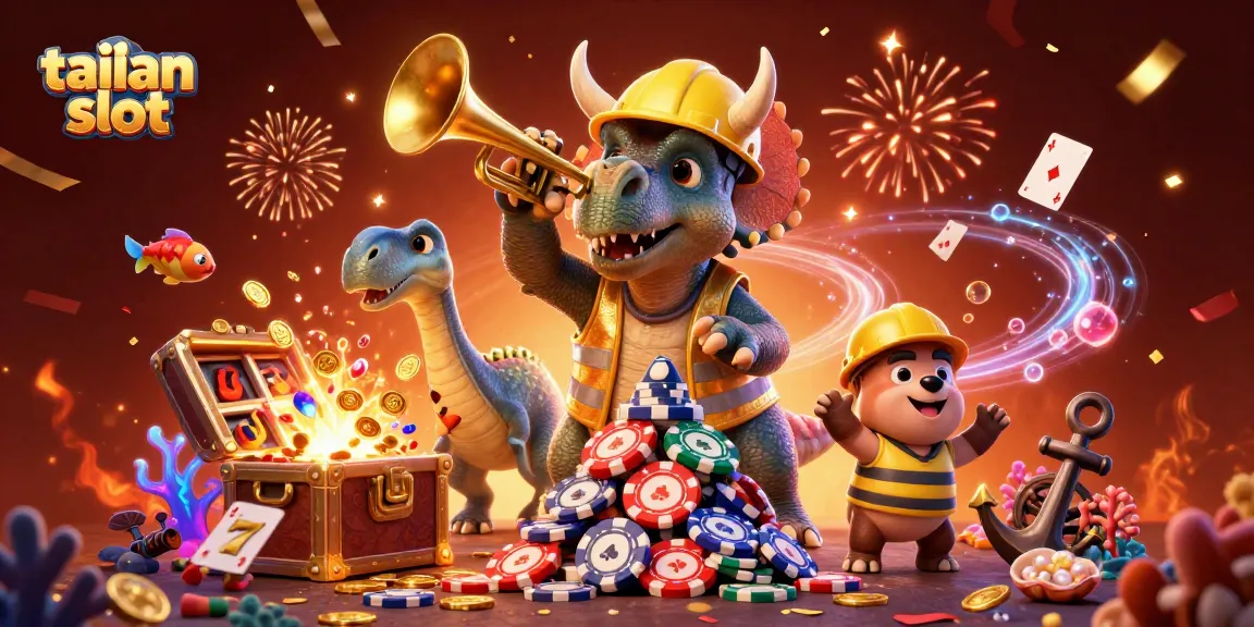 Celebrate winning spins with exciting tailan slot action in a vibrant casino-themed scene.