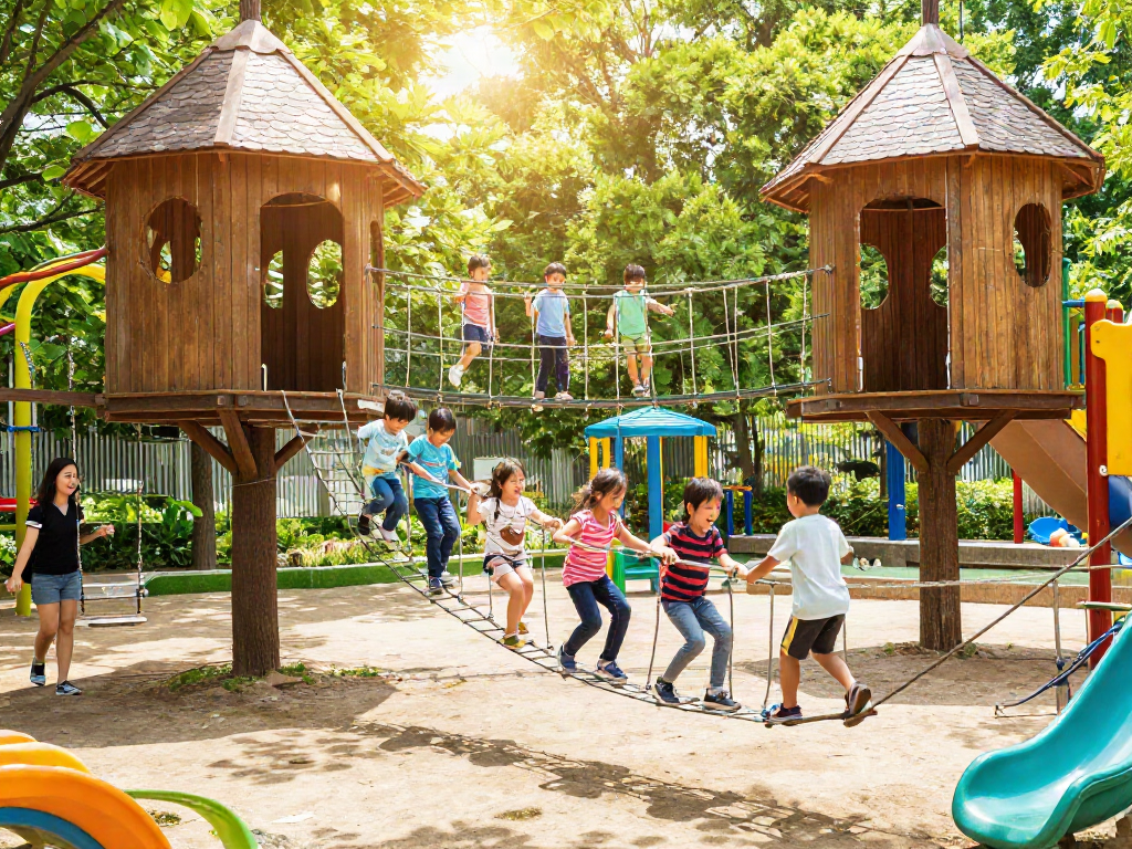 Children joyfully crossing a rope bridge in an adventure playground, showcasing outdoor fun.