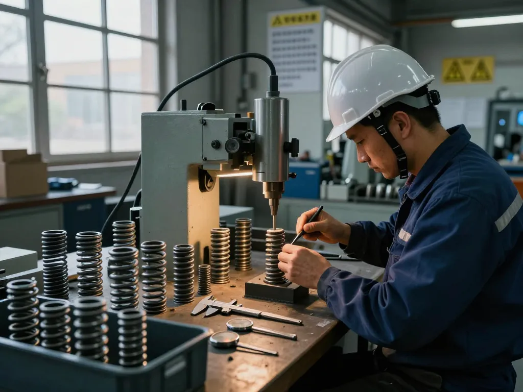 Tehnician asamblând arcuri conice într-un atelier profesional, evidențiind măiestria și calitatea.