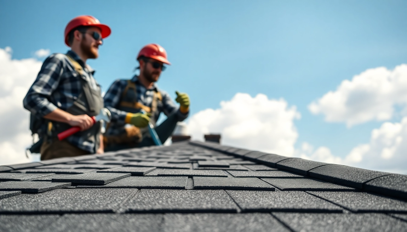 Roof repair professionals assessing roof shingles and materials during inspection.