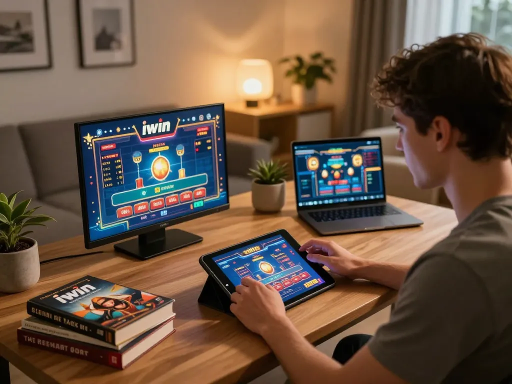 Engaging in game iwin on a tablet at home, surrounded by gaming strategy notes and warm lighting.