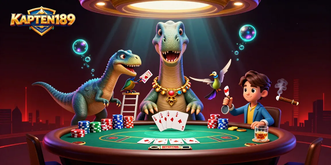 KAPTEN189 menggambarkan brontosaurus 3D tinggi dan raptor cerdas di meja poker, menampilkan suasana kasino yang ramai.