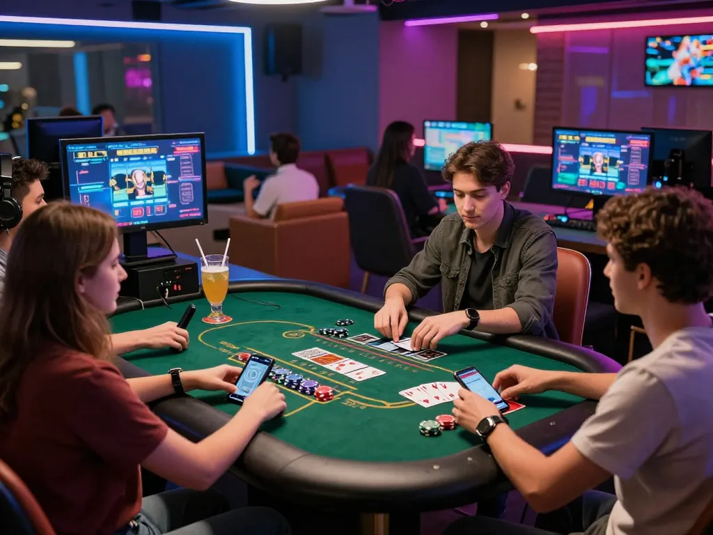 Group of friends engaging in online baccarat at a stylish gaming lounge, highlighting fun and excitement.