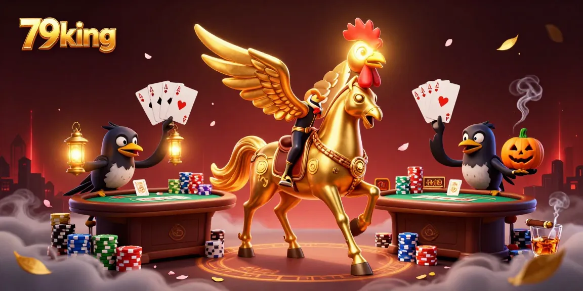 79king entertains players with poker action amidst a vibrant casino ambiance featuring unique characters.