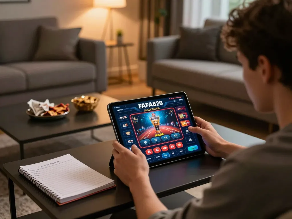 Player engaging with FAFA828 casino platform on tablet, highlighting a dynamic online gambling experience.