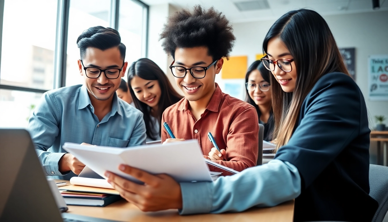 Motivated TOEIC test takers for hire collaborating in a bright office setting.