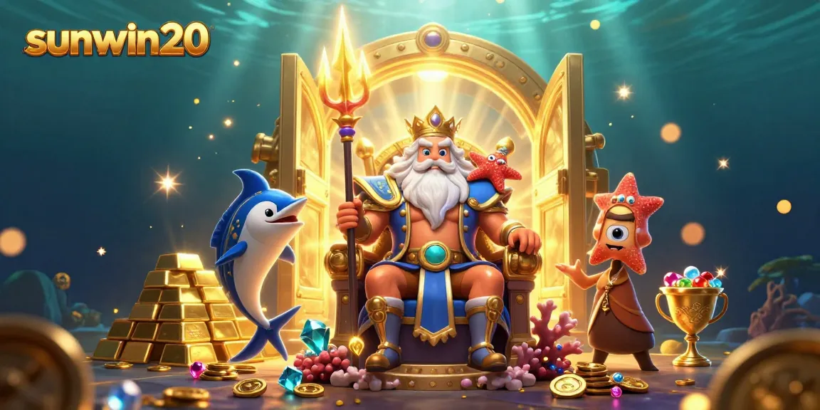 Win big with sunwin20 in this vibrant underwater casino scene featuring Neptune and treasures.