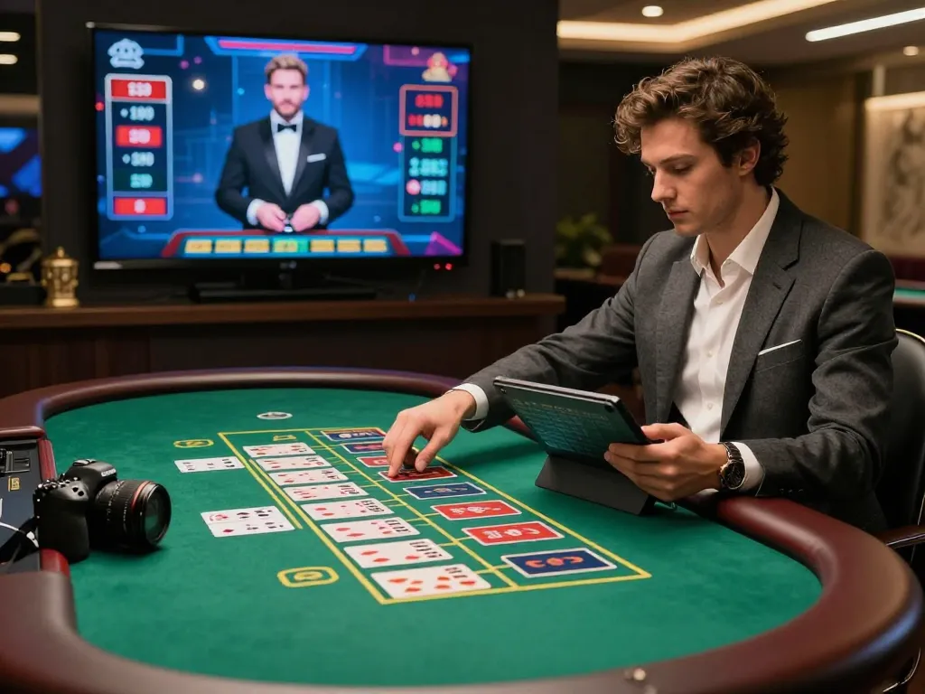 Engaging online baccarat scene showcasing a stylish player and live dealer in a modern virtual casino environment.