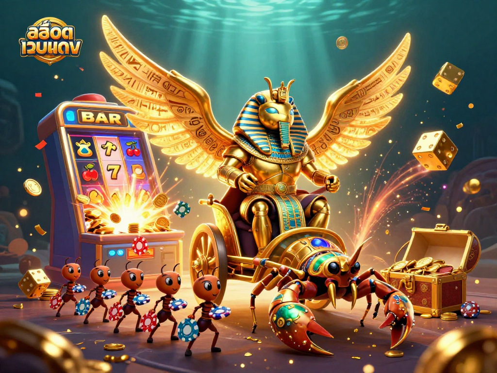 Experience excitement with สล็อตเว็บตรง as a golden scarab leads a chariot of fortune in an animated casino scene.