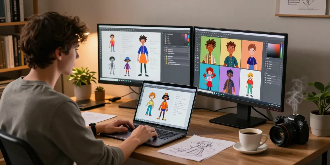 Creative workspace showcasing Tavern AI character creation process with vibrant displays and inspirational atmosphere.