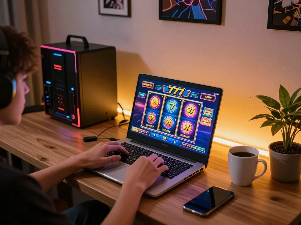 Engaging in slot77 gameplay on a laptop in a cozy, warm-lit home environment.
