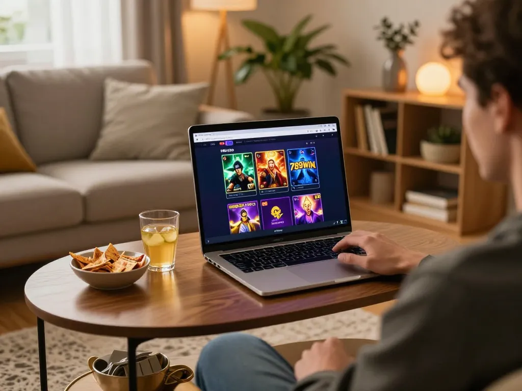 Player engaging with the 789win link interface on a laptop, reflecting a modern online casino experience.