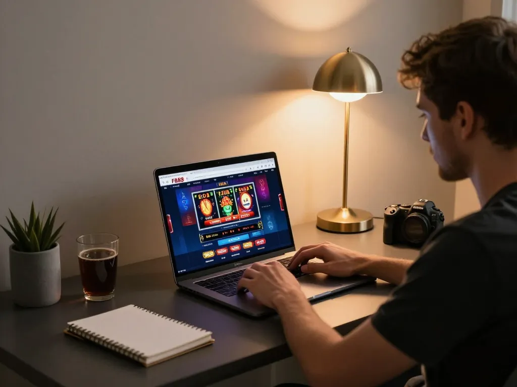 Engaging home gaming setup showing FB88 interface on laptop alongside strategy notes
