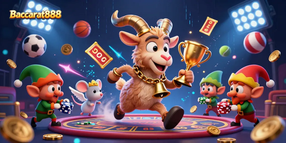 Baccarat888 presents a festive casino scene with a Krampus goat and elves engaging in mischievous gameplay.