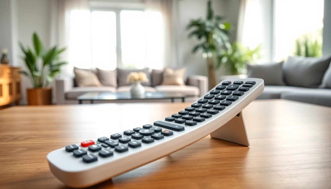 Bedienen Sie die Telefunken Fernbedienung XU in einem modernen Wohnraum.