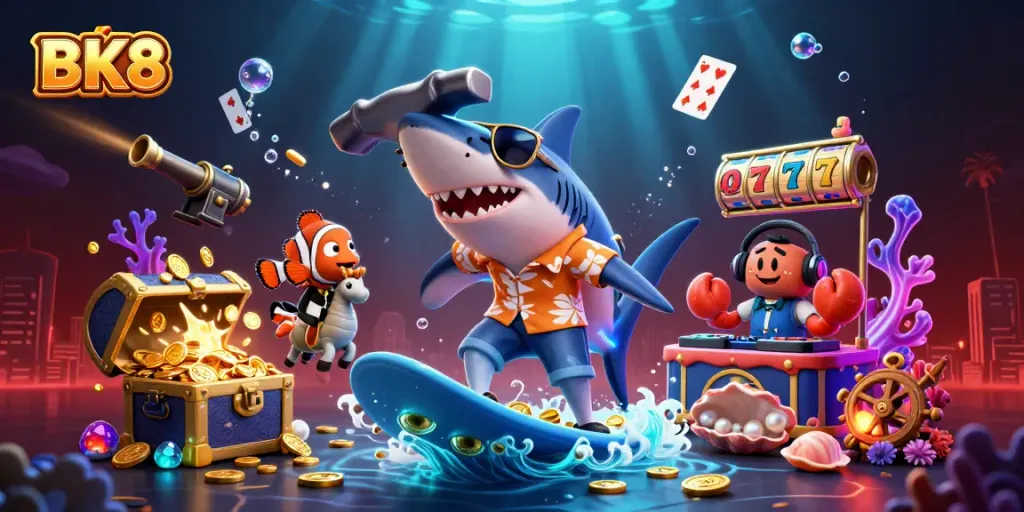Experience the excitement of BK8 with a vibrant underwater casino scene featuring playful characters and slots.