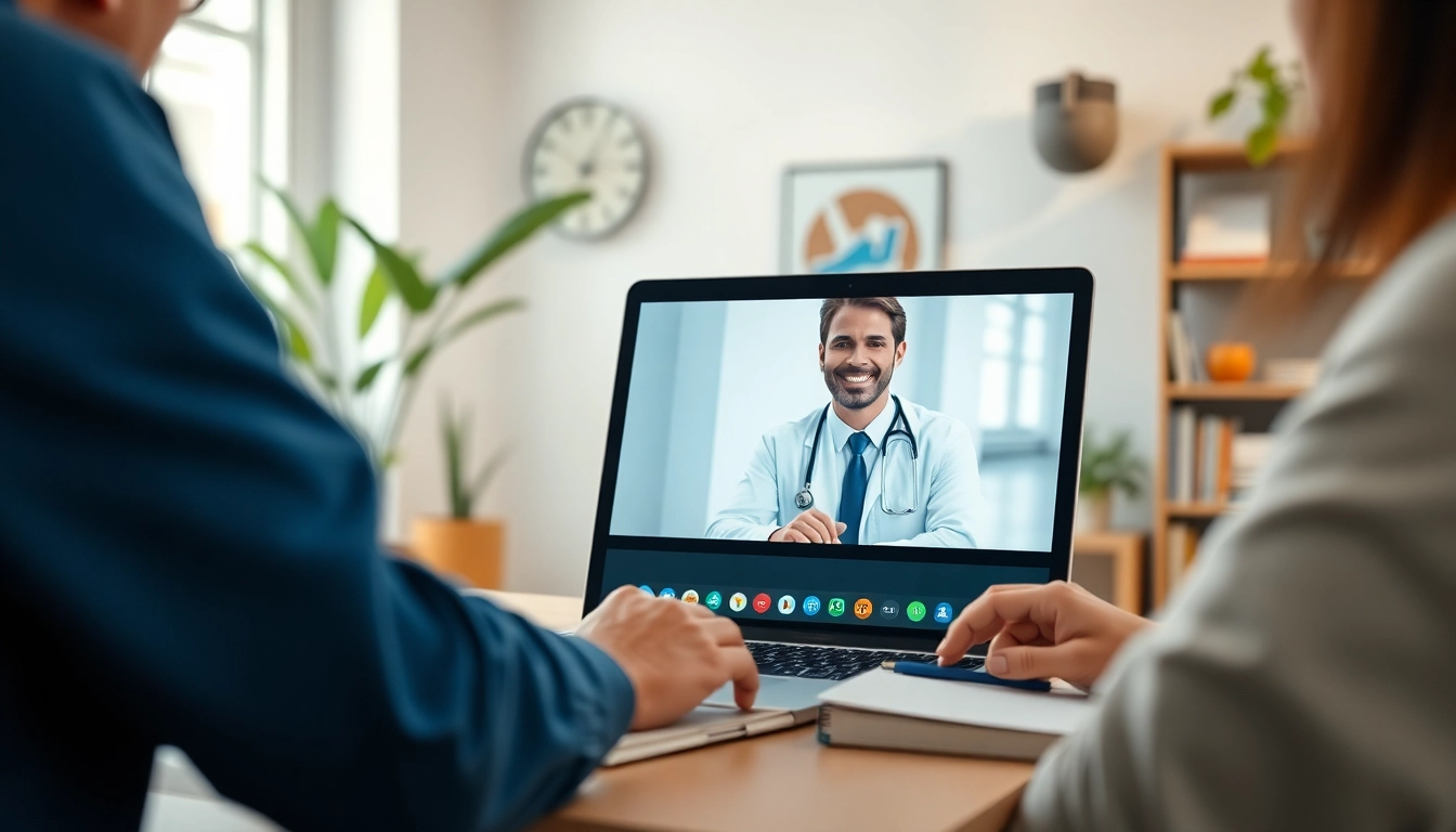 Engaging online doctor visit pay per visit with a doctor on video call in a cozy home office.