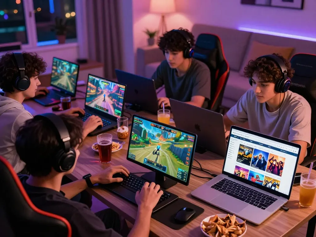 Friends enjoying multiplayer games on Go88 platform in a cozy gaming setup.