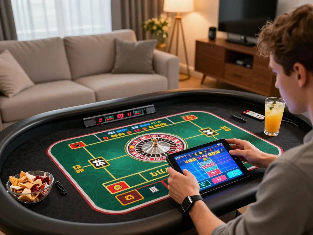 Player enjoying strategic roulette gaming on tablet in cozy home environment, sc88-bm highlighted.