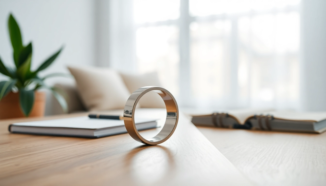 Experience the benefits of the Smart Health Ring, elegantly displayed with detailed features in a serene setting.