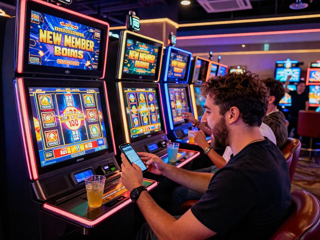 Joyful celebration at an online casino with a new member enjoying a slot bonus new member 100.