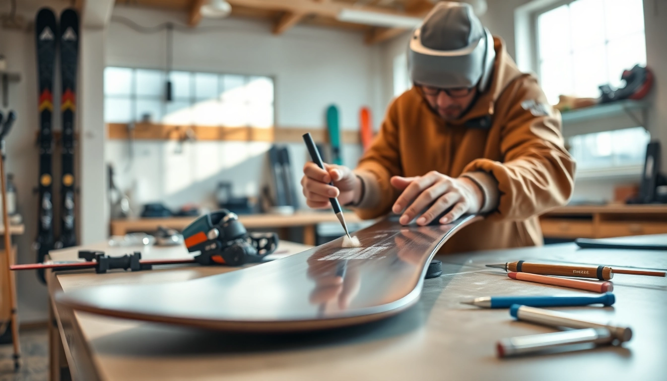 Ski scratch repair in action, showcasing a technician's precise techniques on a snowboard.