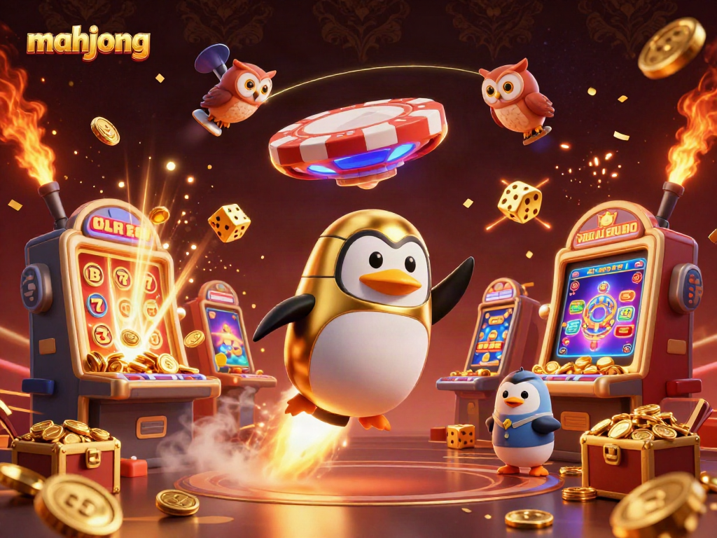 Engage in mahjong gameplay with a festive scene of 3D casino elements and characters exploding with excitement.