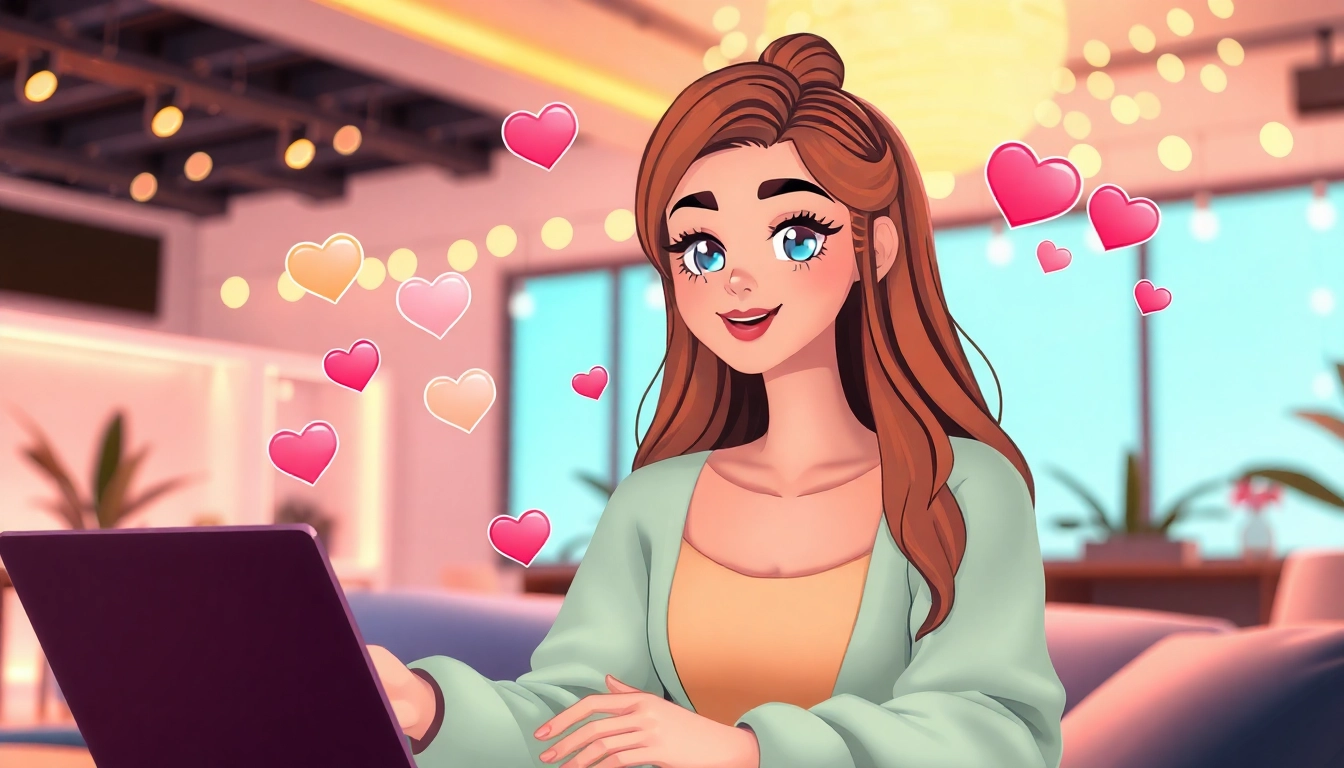 AI girlfriend character in a cozy digital chat space, vibrant and engaging.