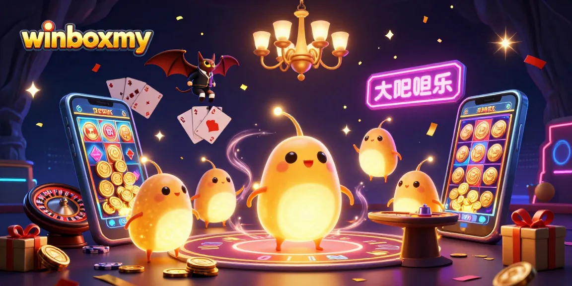 WinboxMY casino glowworms illuminating a vibrant 3D gaming scene with slot games and sparkling effects