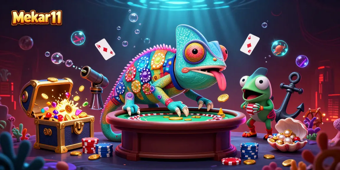 Discover winning strategies at mekar11 with a lively casino scene of a chameleon and game elements.