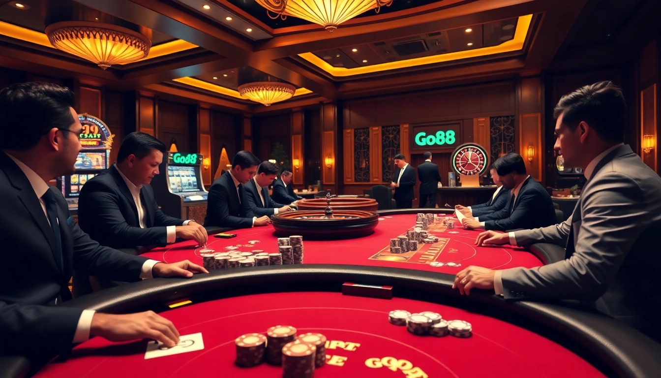 Experience the thrill of gaming at Go88's luxurious casino tables with vibrant action.