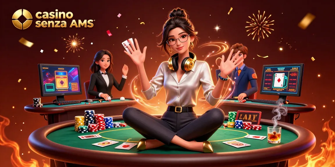 Scopri il brivido del casino senza AAMS con una donna asiatica elegante in un ambiente di gioco tecnologicamente avanzato circondata da vivaci elementi di poker.