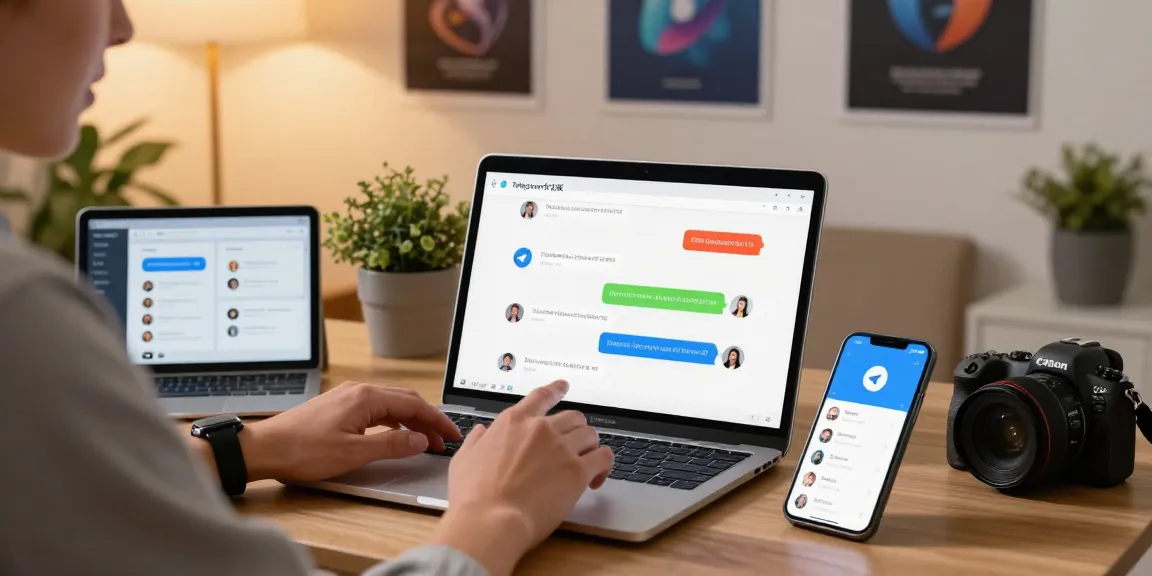 Engaging with telegram中文版 on devices in a vibrant digital communication workspace.