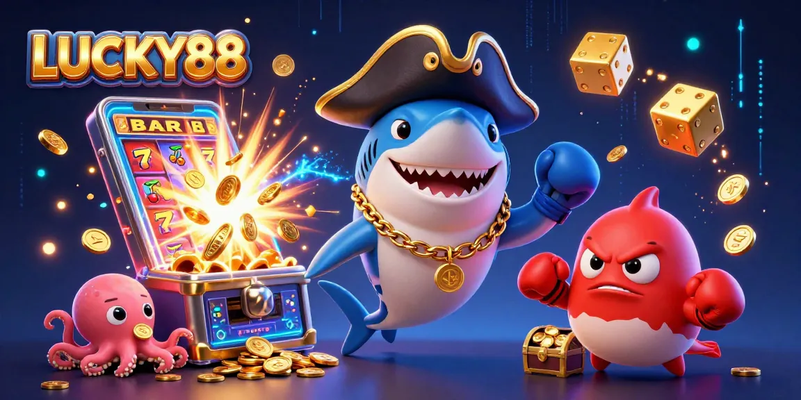 Spin the reels and win big with LUCKY88, featuring vibrant characters and exciting casino elements.