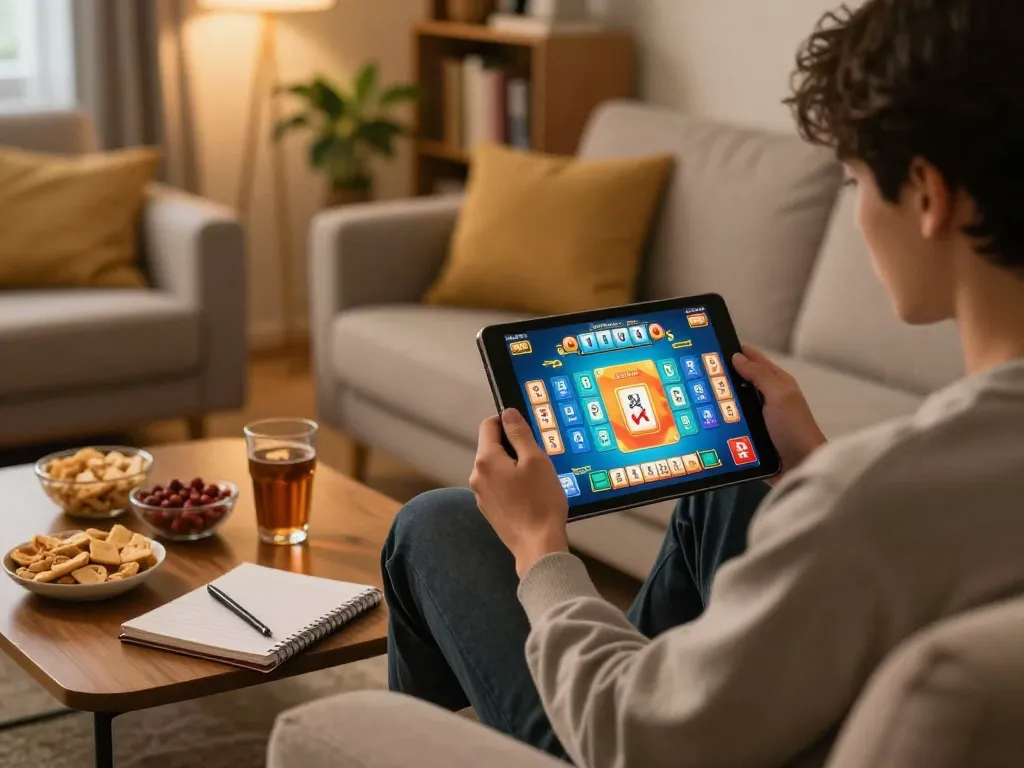 Engaging with Mahjong Ways on a tablet at home, blending gaming with relaxation.