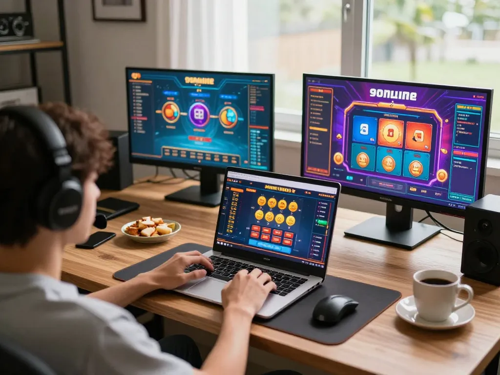 Engaging in 99win online gaming with vibrant screens and cozy home atmosphere.