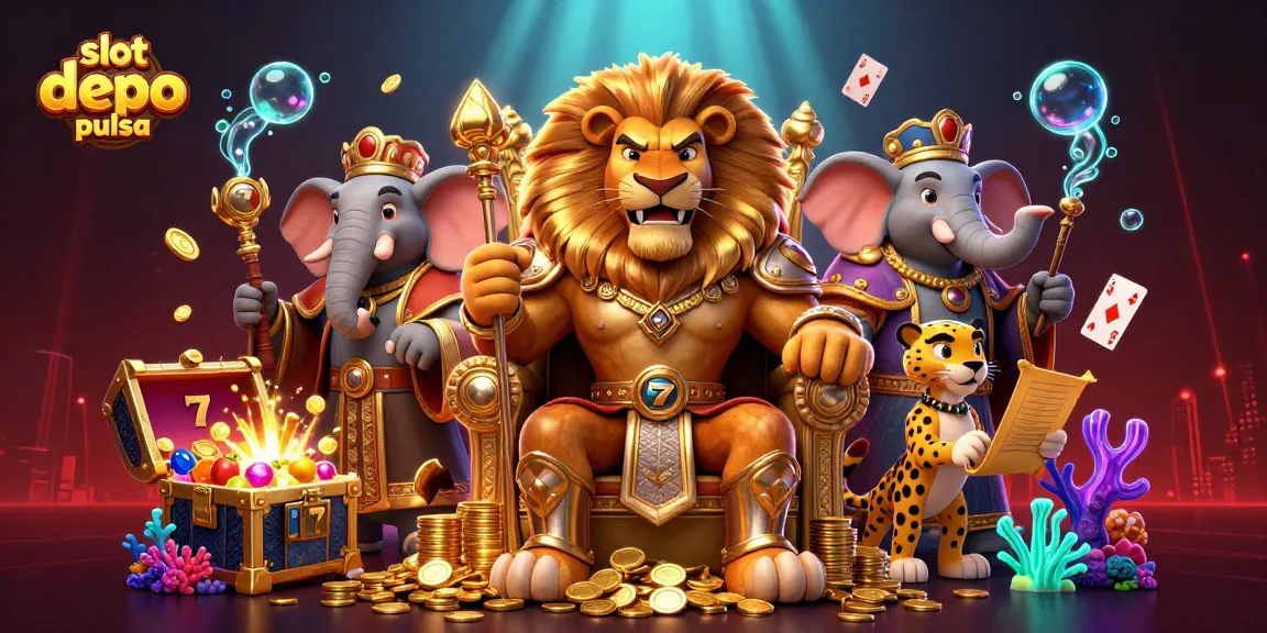 Mainkan slot depo pulsa dengan karakter yang menarik, raja singa, gajah penasihat, dan cheetah kurir.