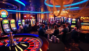 Experience the thrill of winning at XX88 Boats casino, with players engaging around a vibrant roulette wheel and poker table.
