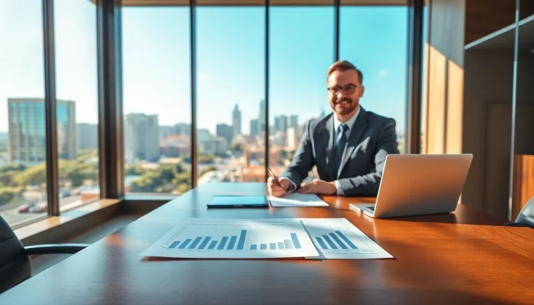 Engaging scene depicting an independent wealth management firm San Antonio with a financial advisor in a modern office.