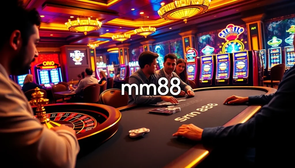 Experience the thrill of mm88 in a lively casino setting with players engaged in poker and roulette action.
