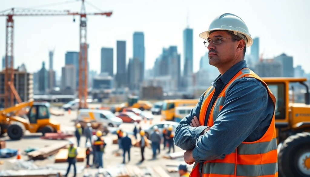 New York Construction Manager supervising a construction site with New York City's skyline.