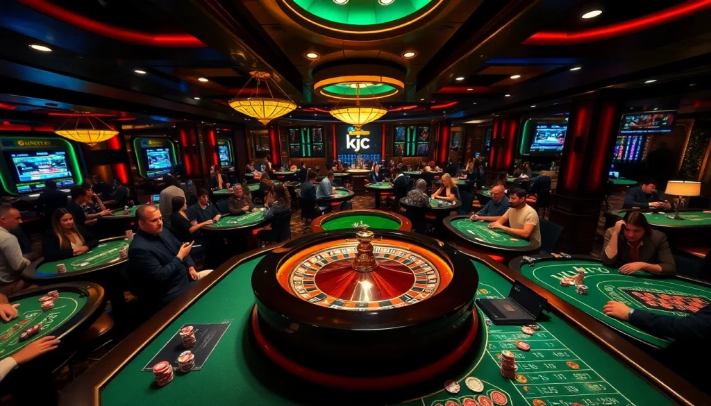 Engage in thrilling casino gameplay at kjc, showcasing poker chips and a roulette wheel.