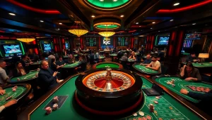 Engage in thrilling casino gameplay at kjc, showcasing poker chips and a roulette wheel.