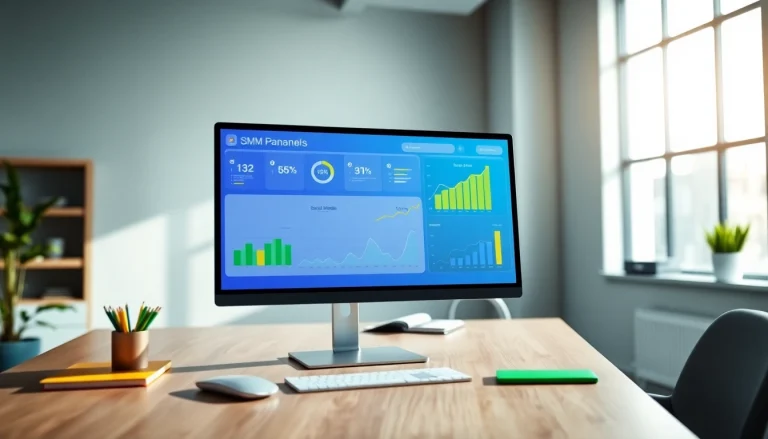 Visual of a cheap smm panel interface reflecting social media success metrics in a modern office.