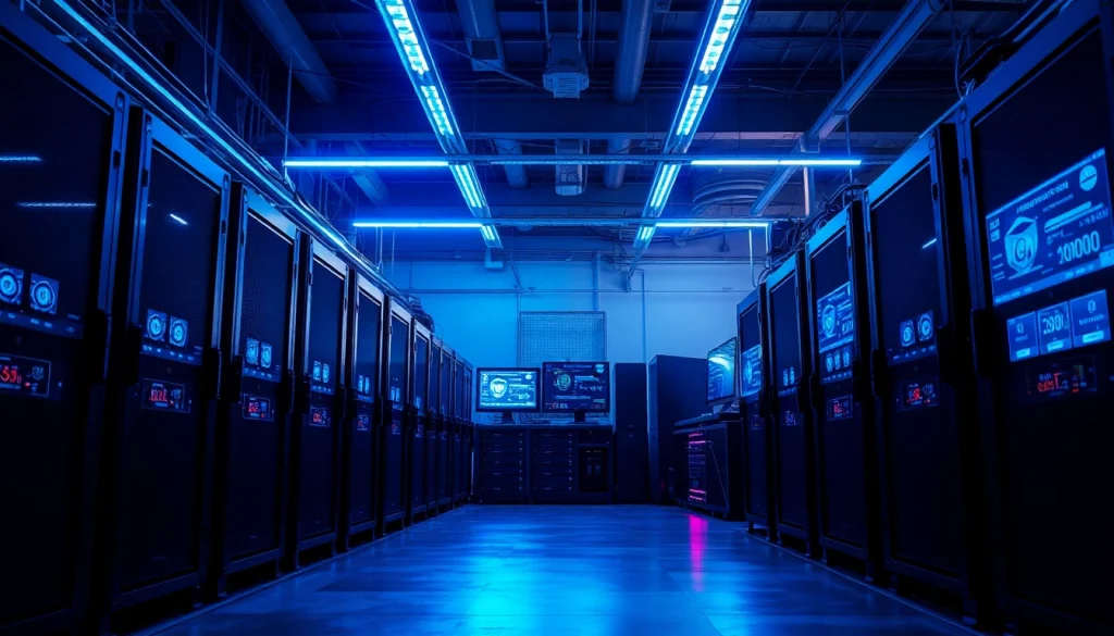 Bitcoin mining machines in a high-tech industrial setting showcasing digital performance data.