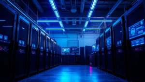 Bitcoin mining machines in a high-tech industrial setting showcasing digital performance data.