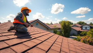 Inspecting high-quality roofing solutions on a residential roof in a sunny suburban setting.