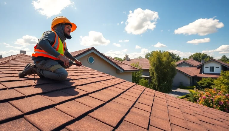 Inspecting high-quality roofing solutions on a residential roof in a sunny suburban setting.