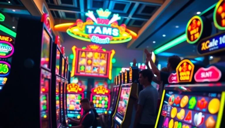 Menampilkan momen seru bermain pakde4d slot dengan mesin slot berwarna-warni dan pemain yang bersemangat.