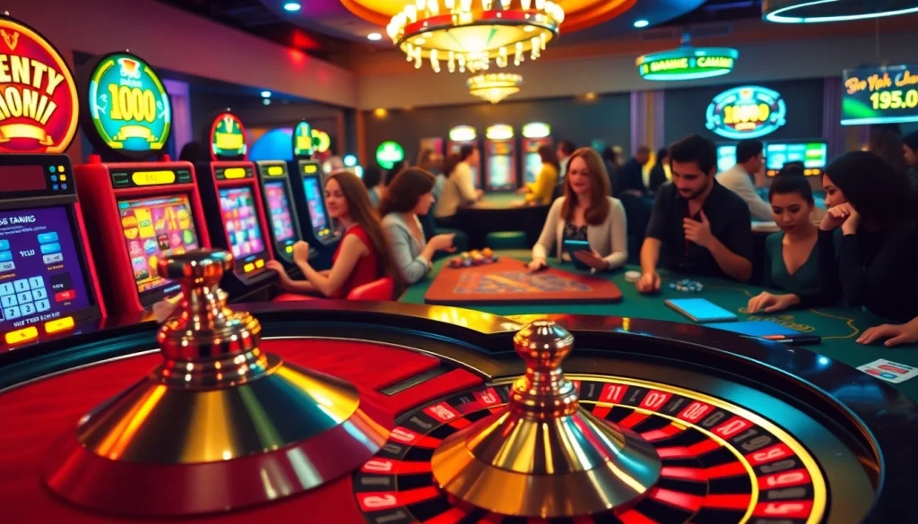 Experience thrilling moments at https://jun88.buzz/ with vibrant games featuring a roulette wheel, excited players, and dazzling casino lights.